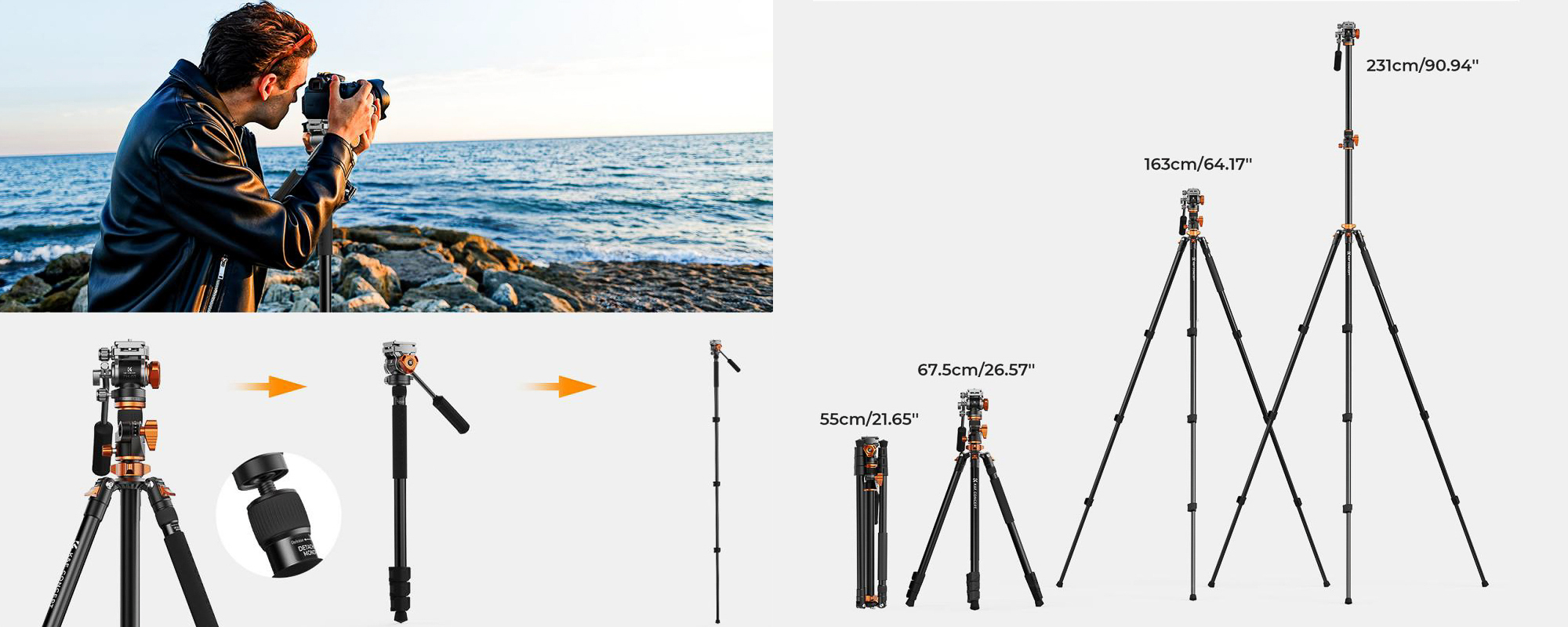 Statyw video K&F Concept T254A7 z głowicą FH-03 - Statyw i monopod w jednym